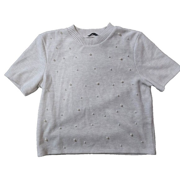 Zara Short Sleeve Pearl Embellish Crew Neck Women's Sweater Size L - Picture 1 of 5